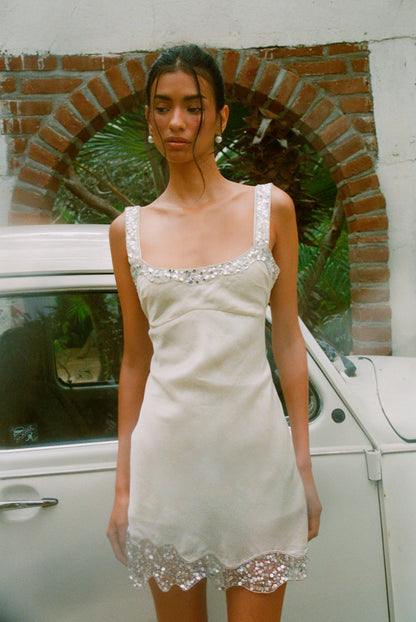 Nikolina Hand Beaded Mini Dress - Salt