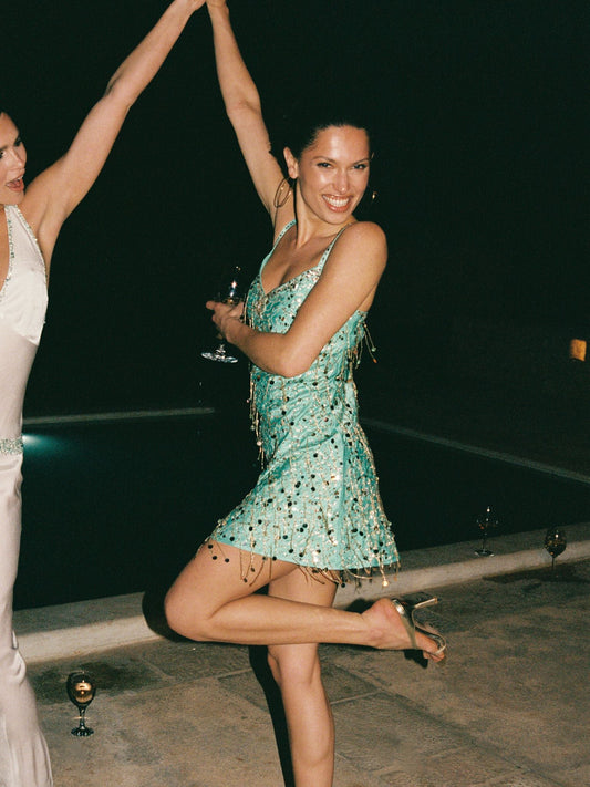 Marta Hand Beaded Mini Dress - Swimming Pool Blue