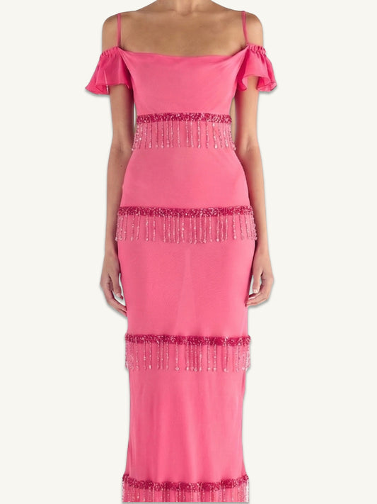 Layla Hand Beaded Gown - Geranium