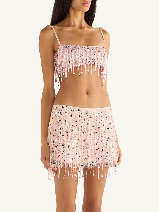 Yasmin Hand Beaded Mini Skirt - Blush Pink