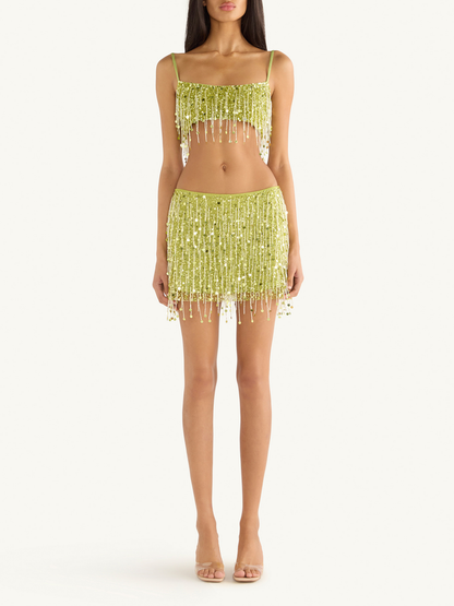 Yasmin Hand Beaded Mini Skirt - Chartreuse