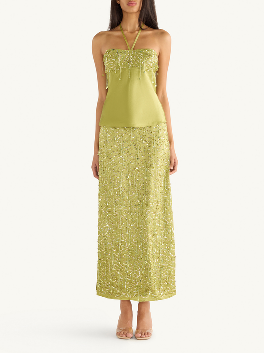 Yasmin Hand Beaded Halter Neck Top - Olive Oil