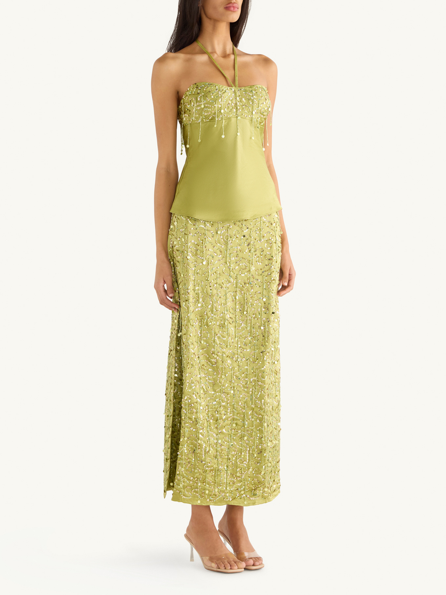 Yasmin Hand Beaded Maxi Skirt - Olive Oil