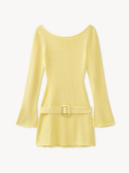 Maya Long Sleeve Belted Dress - Butter Sequin