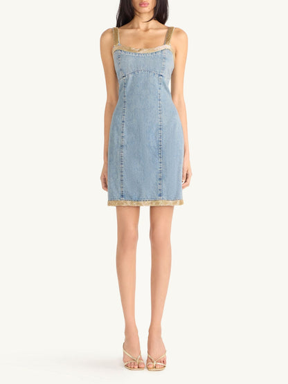 Vera Embroidered Mini Dress - Light Wash/ Golden Olive