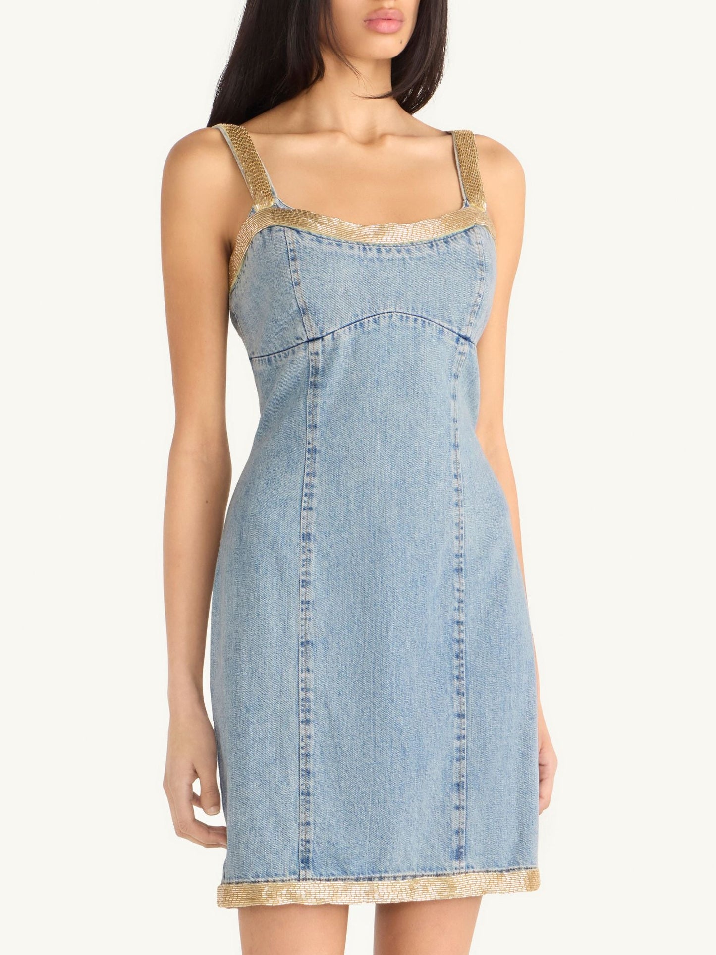 Vera Embroidered Mini Dress - Light Wash/ Golden Olive