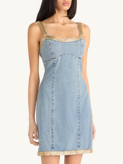 Vera Embroidered Mini Dress - Light Wash/ Golden Olive