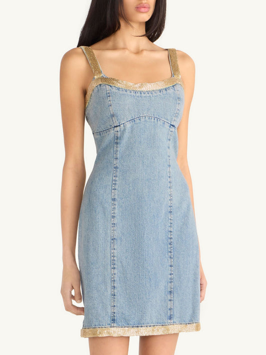 Vera Embroidered Mini Dress - Light Wash/ Golden Olive