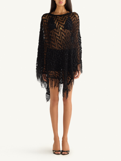 Alice Fringe Poncho - Black/Silver Sequin