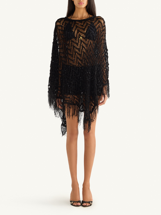 Alice Fringe Poncho - Black/Silver Sequin