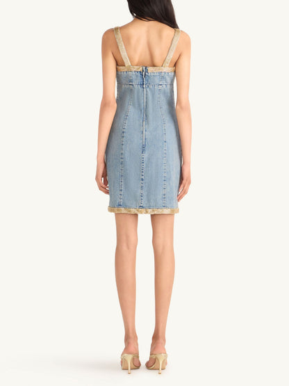 Vera Embroidered Mini Dress - Light Wash/ Golden Olive