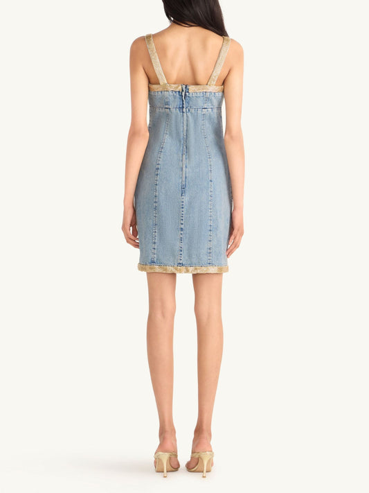 Vera Embroidered Mini Dress - Light Wash/ Golden Olive