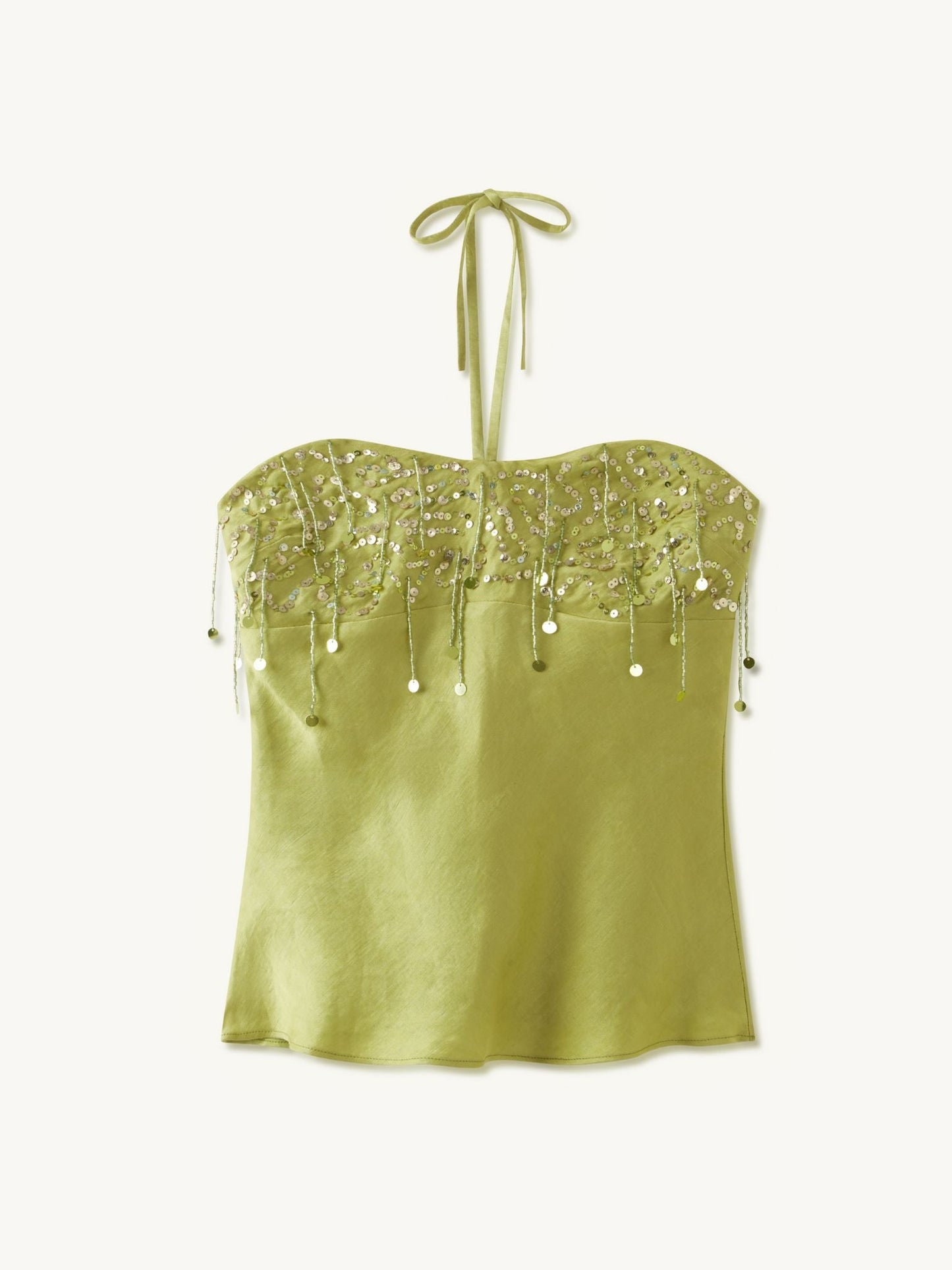 Yasmin Hand Beaded Halter Neck Top - Olive Oil