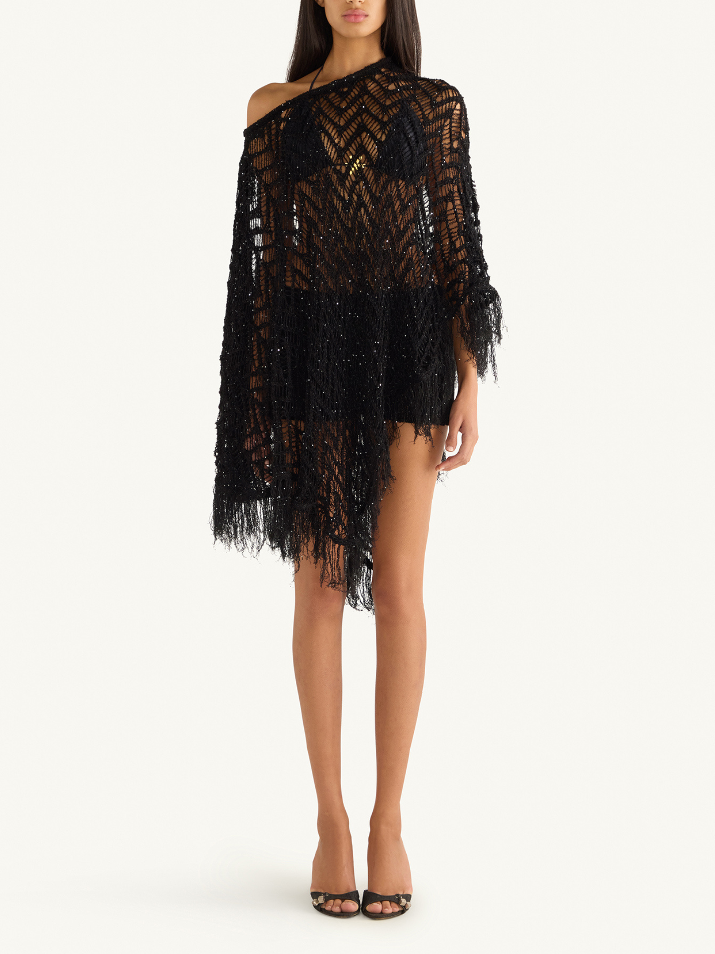 Alice Fringe Poncho - Black/Silver Sequin