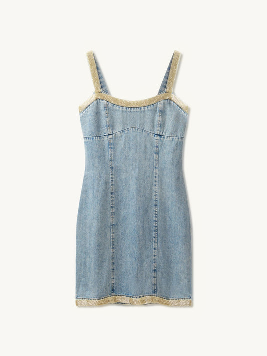 Vera Embroidered Mini Dress - Light Wash/ Golden Olive