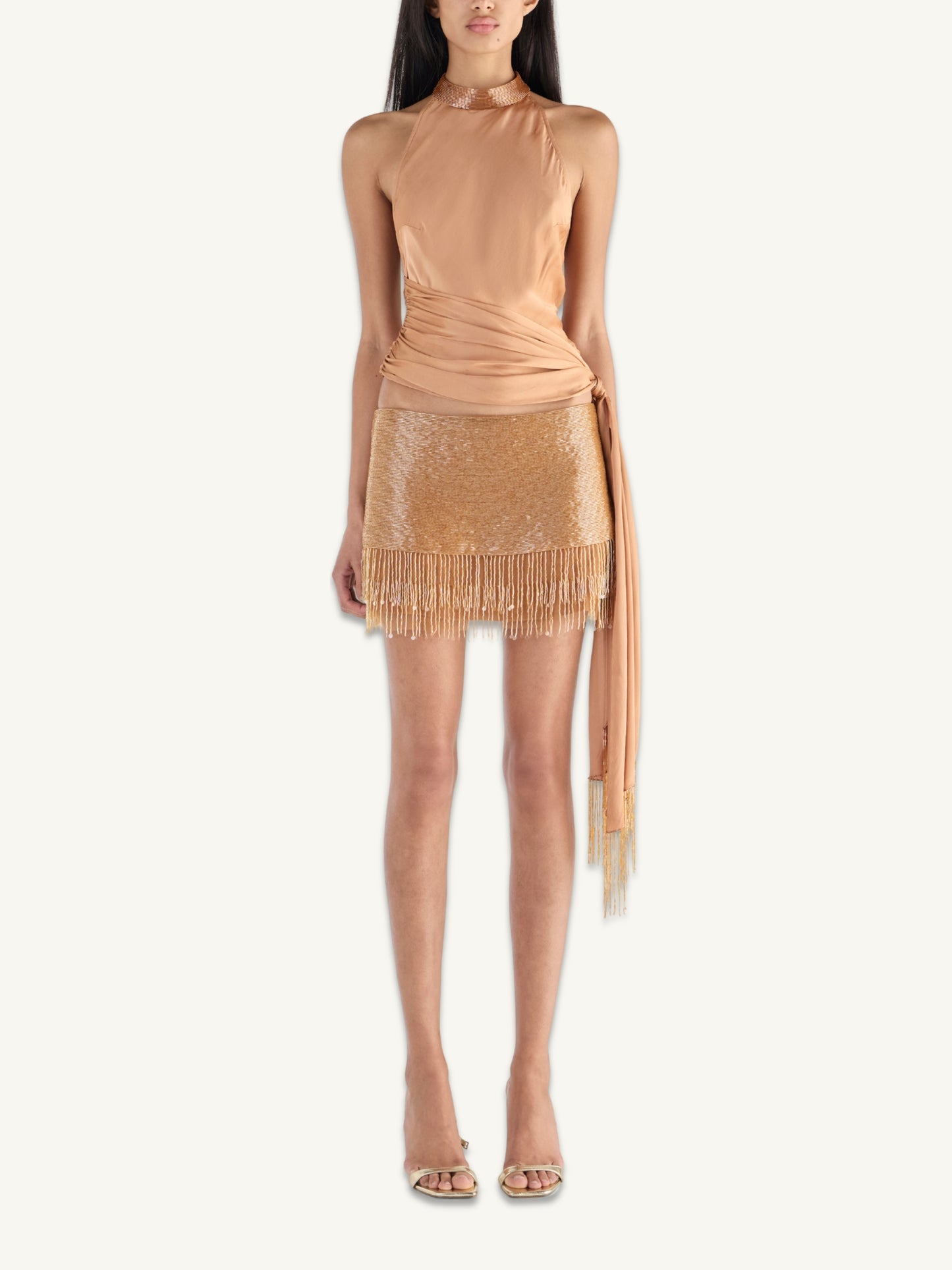 Estella Hand Beaded Mini Skirt  - Almond