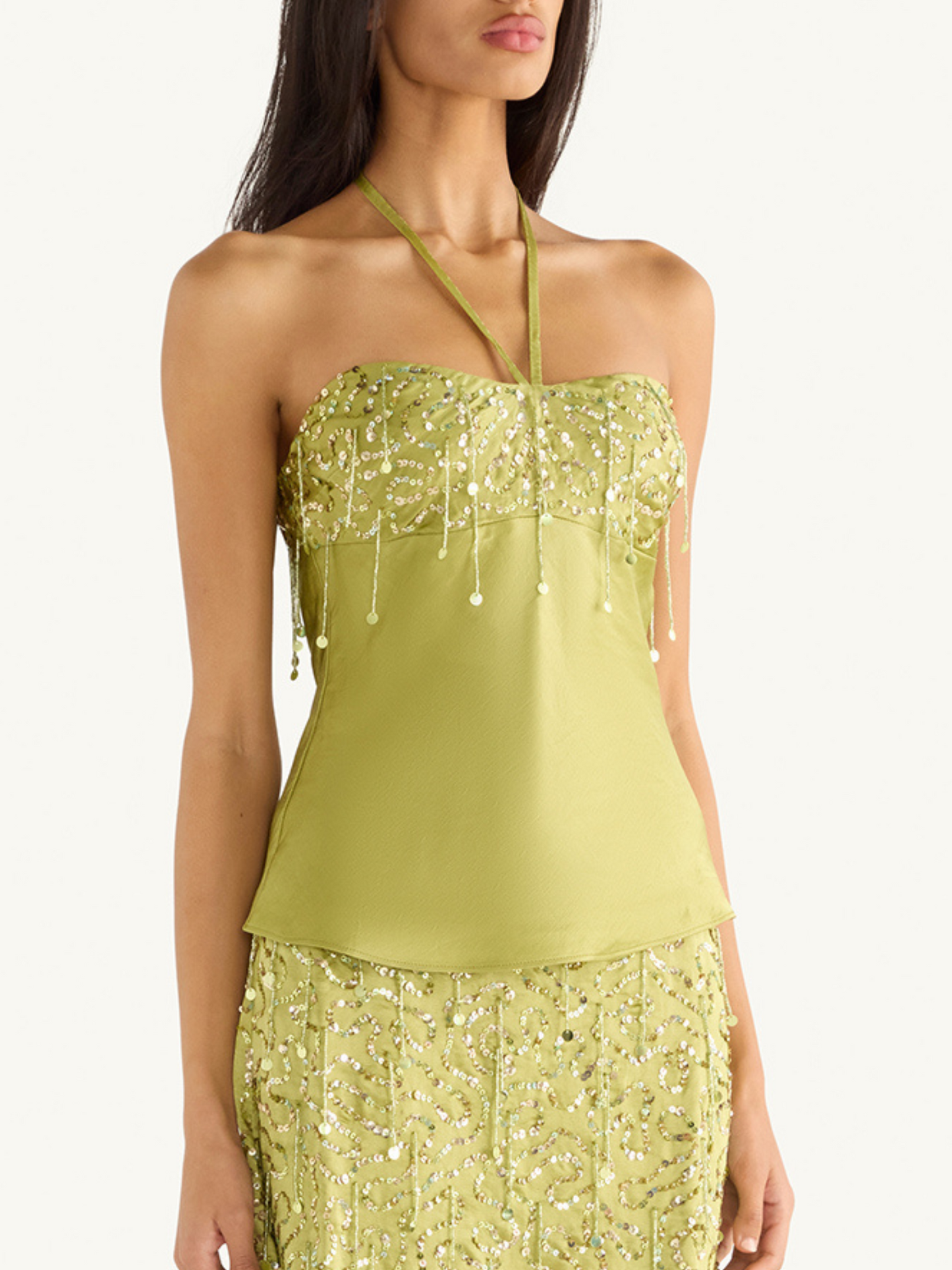 Yasmin Hand Beaded Halter Neck Top - Olive Oil